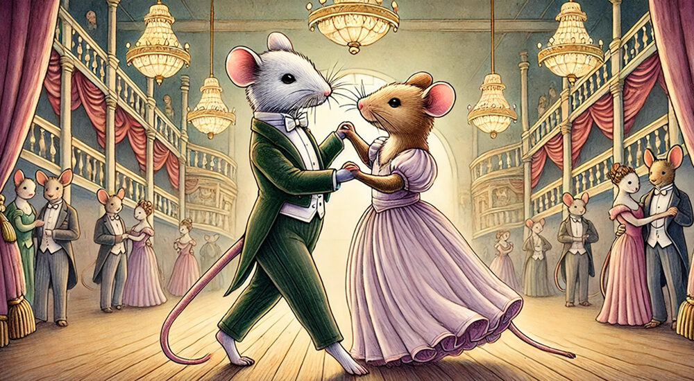 AI-generated image of mice waltzing at the turn of the 20th century.