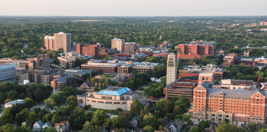 Aerial view of central campus in the summer.