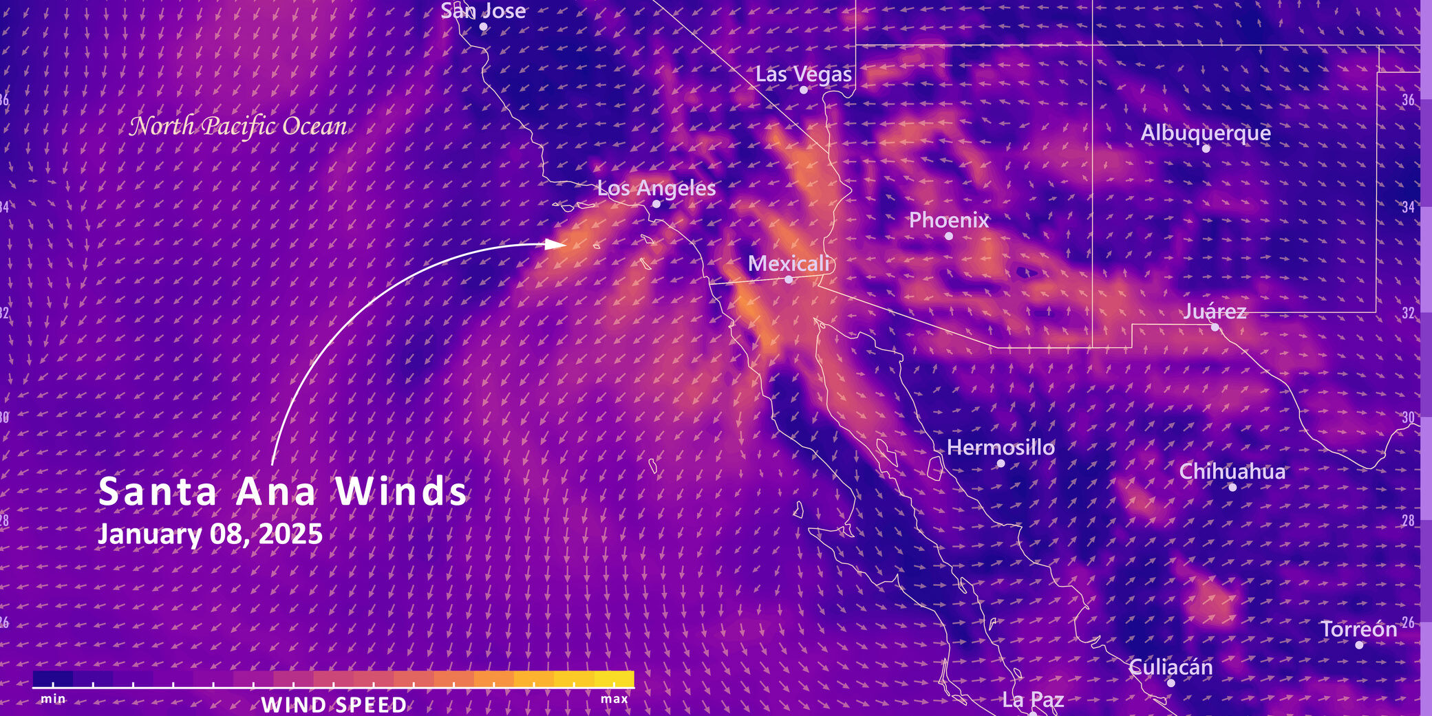 Graphic map shows strength of Santa Ana winds during devastating wildfires in California in January 2025.