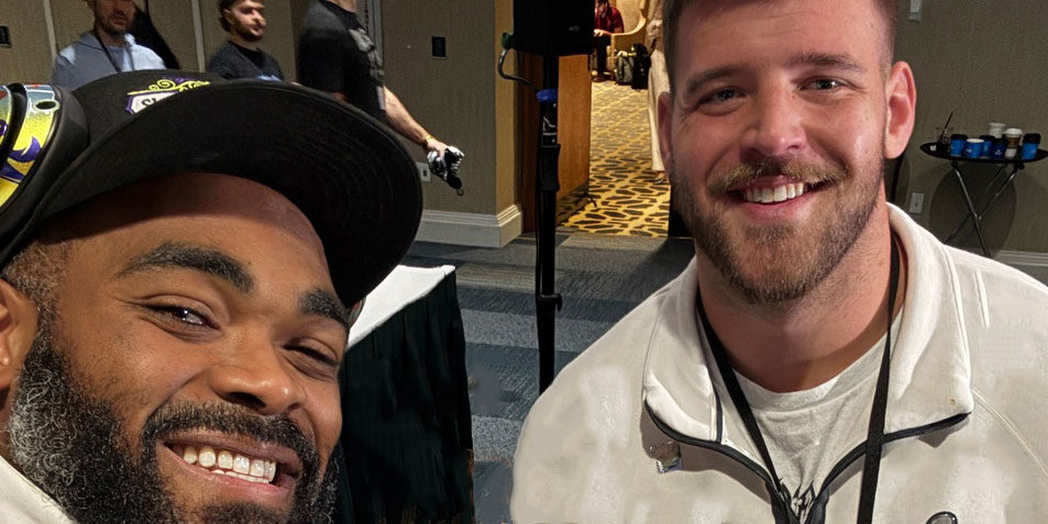 Two young men, former Michigan Wolverines, Brandon Graham and Trevor Keegan celebrate their win as Philadelphia Eagles in Super Bowl LIX.