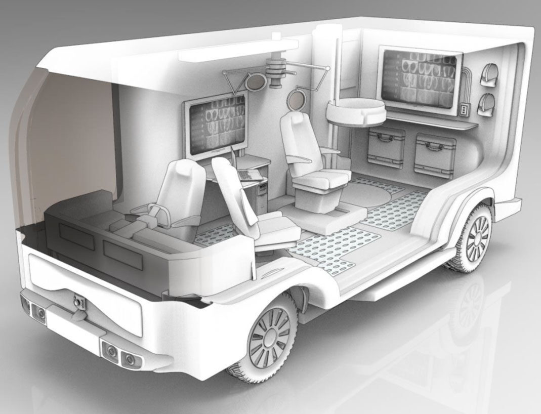 An illustration of a mobile clinic under development through a major project coordinated by the Advanced Research Projects Agency for Health (ARPA-H). The University of Michigan is leading one of two efforts to build AI guidance that can enable medical generalists to perform like specialists for common conditions. Clinic includes chairs, computer monitors, and cabinets.