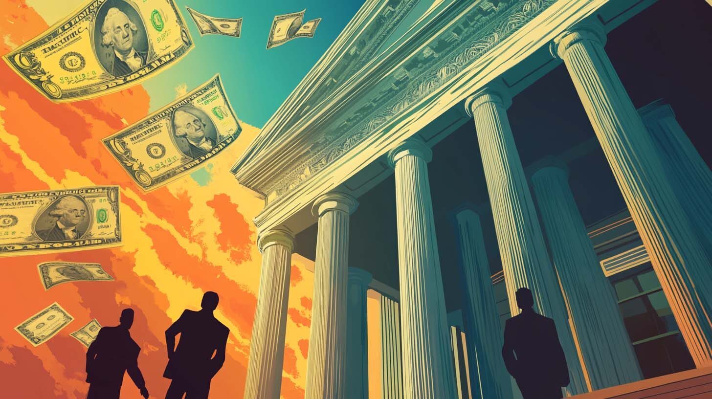 Graphic image of government building with classic greek architecture, columns, etc., with male figures in silhouette observing dollar bills flying around the sky.