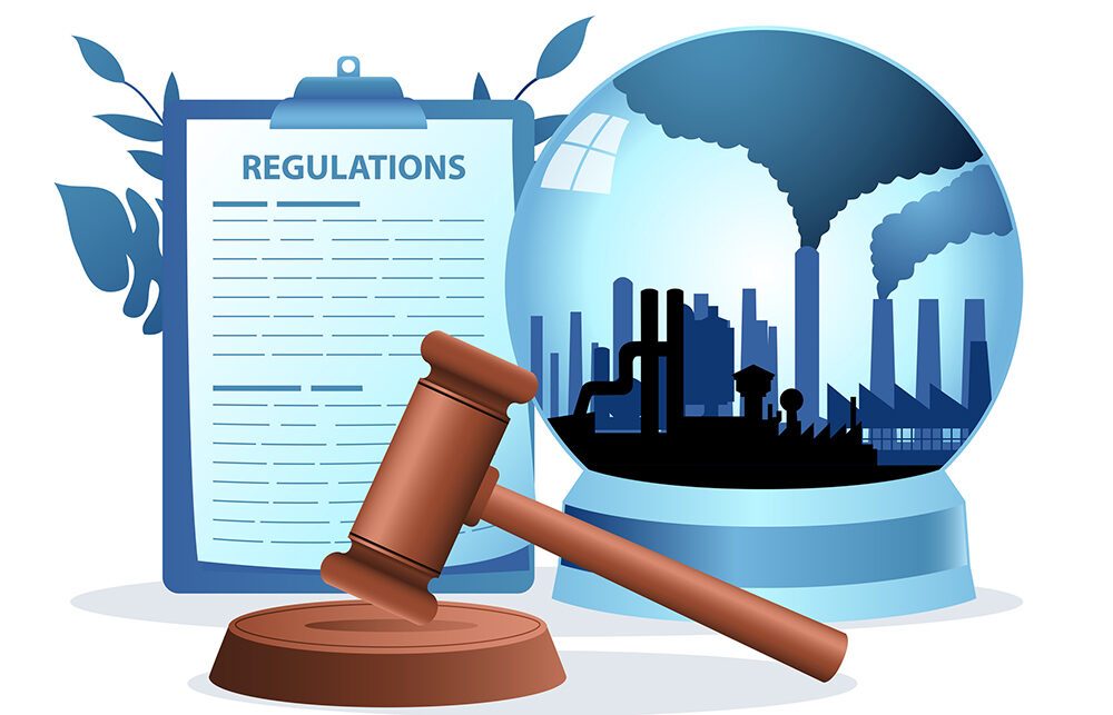 Graphic depicts a clipboard that reads: Regultions, alongside a snowglobe with factories spewing smoke, and a judge's gavel.