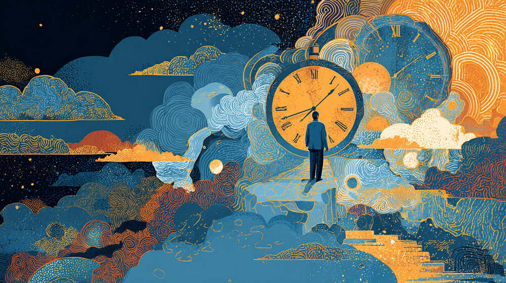 Colorful graphic, produced using AI technology, shows a person surrounded by clouds and clocks to represent new research from the University of Michigan.