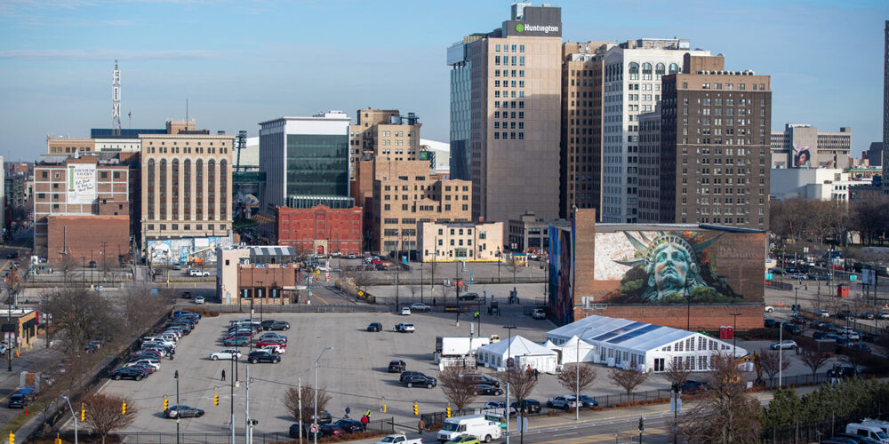 Aerial view of the future site of the U-M Center for Innovation in Detroit, which will be built on 2 acres of a parking lot, a donation of land from Olympia Development.