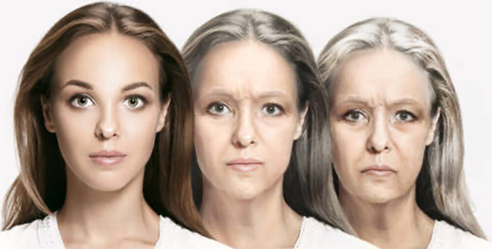 Three images of the same woman at three different ages.